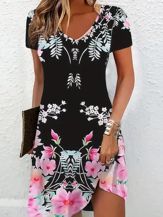 Women's Floral Short Sleeve Summer Printing Dress V Neck Daily Casual Knee Length T-Shirt Dress H-Line Dress