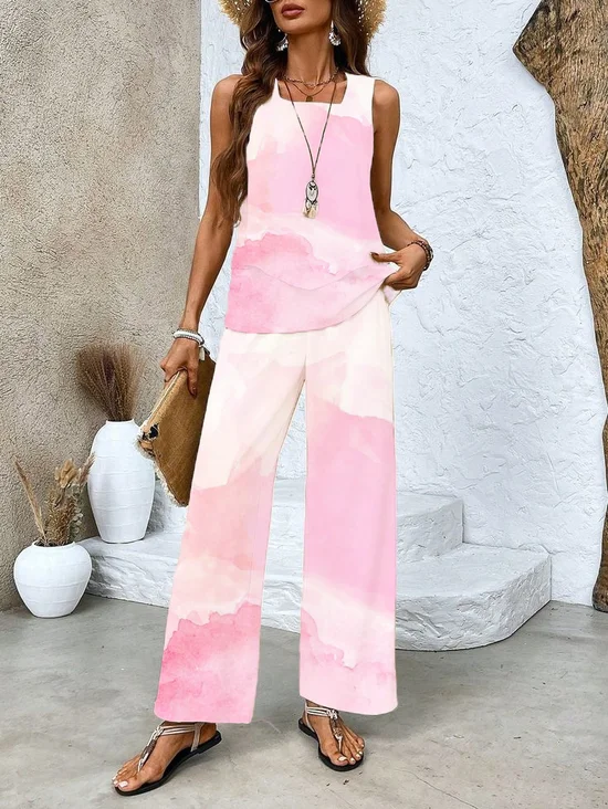 Women's Ombre Printing Two-Piece Set Daily Sleeveless Casual Summer Top With Pants Matching Set