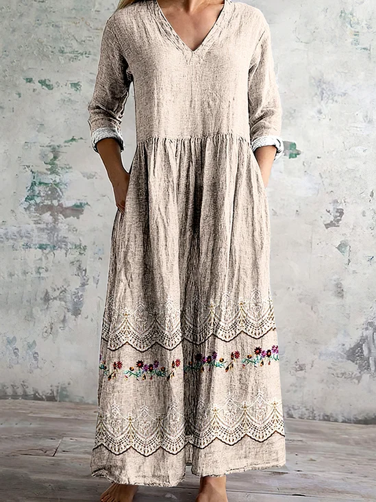 Women Floral Long Sleeve Spring/Fall Dress V Neck Daily Casual Maxi A-Line Dress