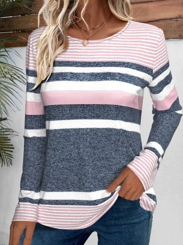 Women Striped Long Sleeve Tee T-shirt Crew Neck Casual Spring/Fall Top