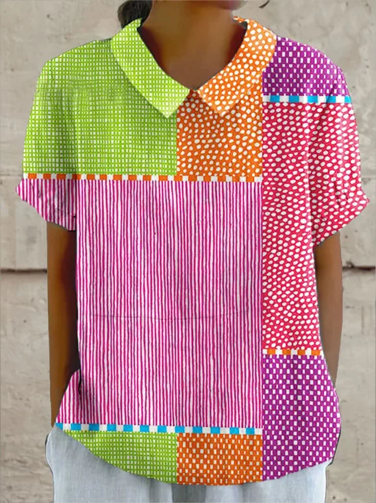 Women Striped Short Sleeve Shirt Summer Shirt Collar Daily Casual Top