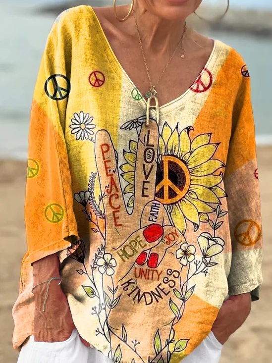 Women Sunflower Long Sleeve Tee T-shirt V Neck Casual Spring/Fall Top