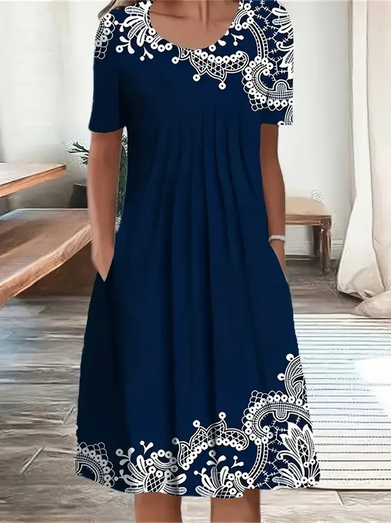 Women's Floral Short Sleeve Summer Printing Dress Crew Neck Daily Casual Midi Fit & Flare Dress H-Line Dress