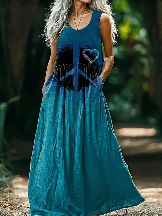 Women's Hippie Sleeveless Summer Printing Dress Crew Neck Daily Casual Maxi Tank H-Line Dress