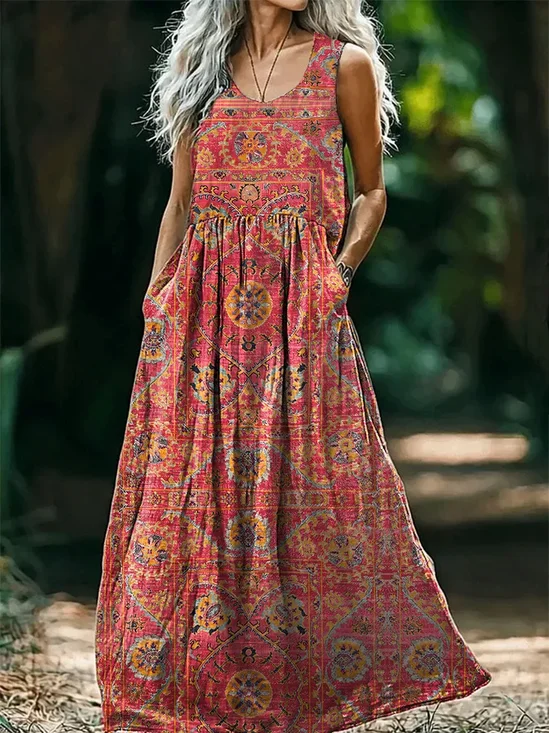 Women's Floral Sleeveless Summer Printing Dress Crew Neck Daily Casual Maxi Tank H-Line Dress
