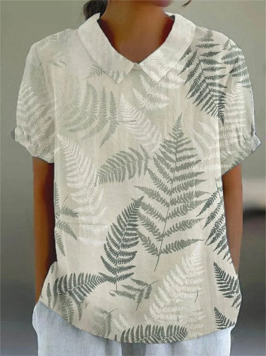 Women Leaf Half Sleeve Blouse Summer Shawl Collar Daily Casual Top