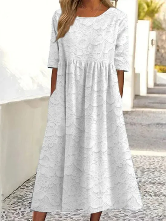 Women Floral Short Sleeve Summer Dress Crew Neck Daily Casual Maxi A-Line Dress