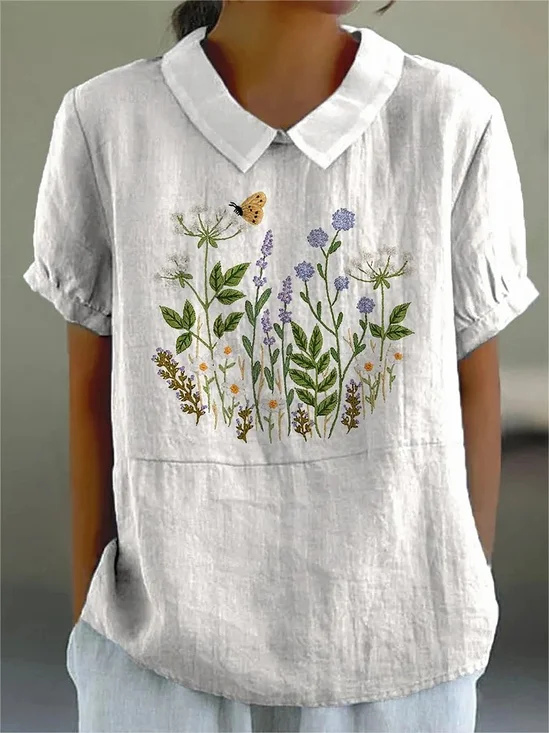 Women Floral Half Sleeve Blouse Summer Shawl Collar Daily Casual Top