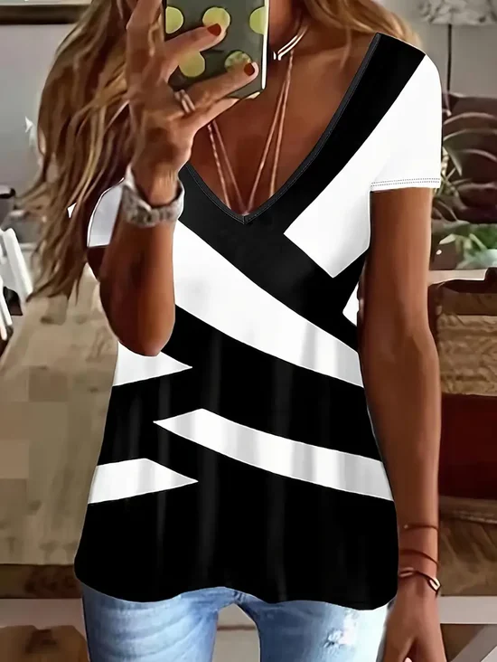 Women's Striped Short Sleeve Tee T-shirt V Neck Printing Casual Summer Graphic Tee Top