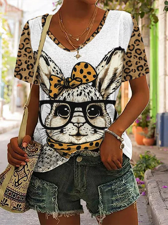 Women Easter (rabbit) Short Sleeve Tee T-shirt V Neck Casual Summer Top