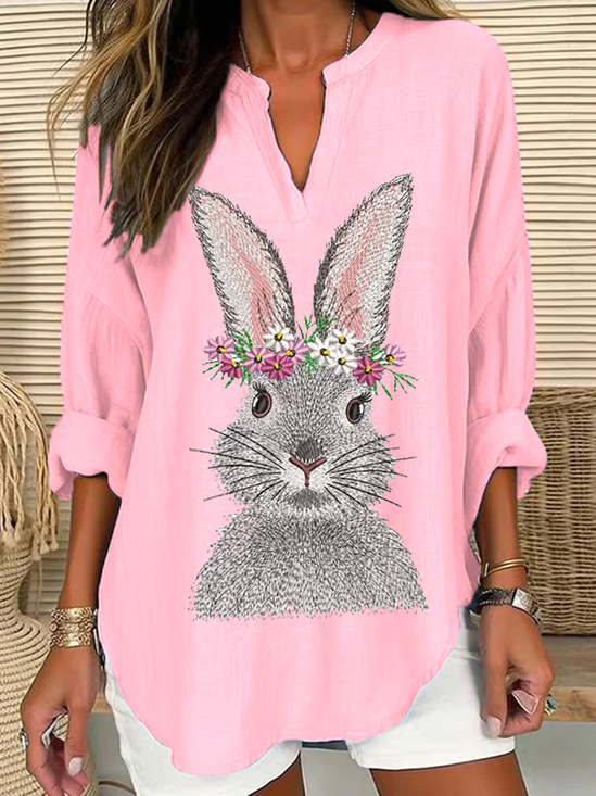 Women Easter (rabbit) Long Sleeve Blouse Spring/Fall V Neck Daily Casual Top