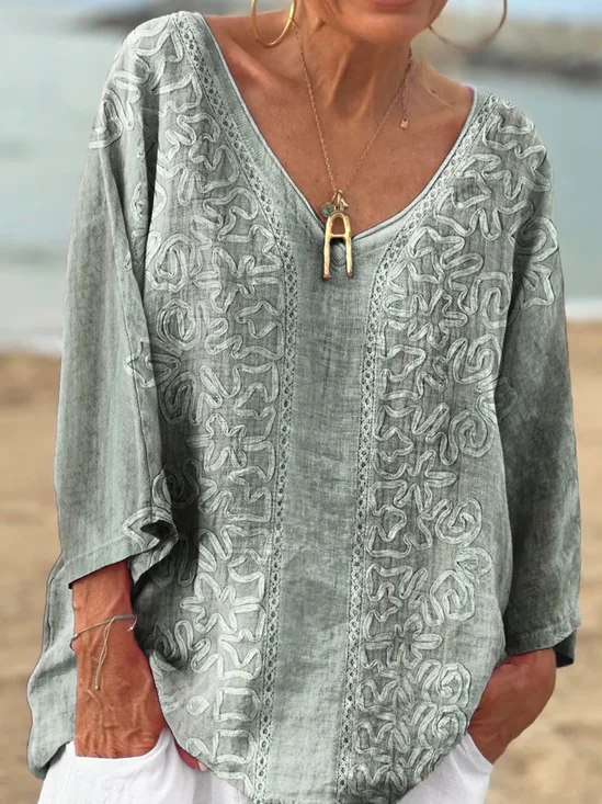 Women Geometric Long Sleeve Tee T-shirt V Neck Casual Spring/Fall Top
