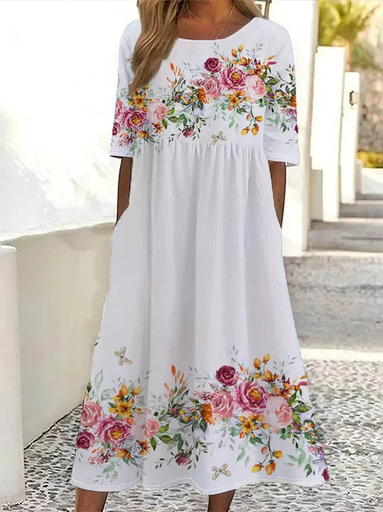 Women Floral Short Sleeve Summer Printing Dress Crew Neck Daily Casual Maxi Shift Dress H-Line Dress