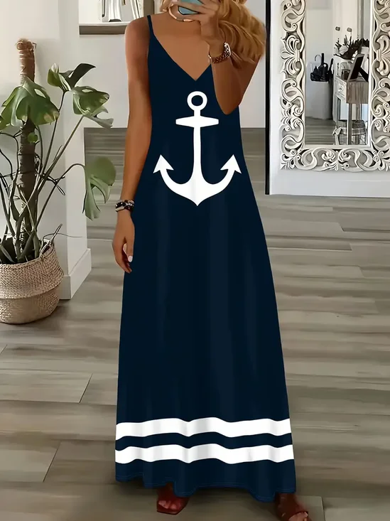 Women Anchor Sleeveless Summer Printing Dress V Neck Daily Casual Maxi Slip Dress X-Line Dress