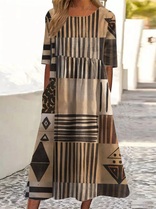 Women Geometric Short Sleeve Summer Dress Crew Neck Daily Casual Maxi A-Line Dress