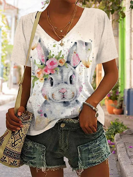 Women's Easter (rabbit) Short Sleeve Tee T-shirt V Neck Printing Casual Summer Graphic Tee Top