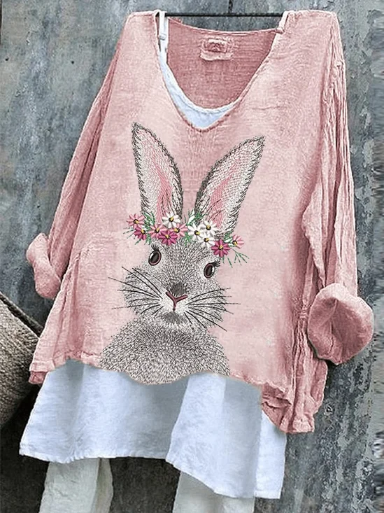 Women Easter (rabbit) Long Sleeve Tee T-shirt V Neck Vintage Spring/Fall Top