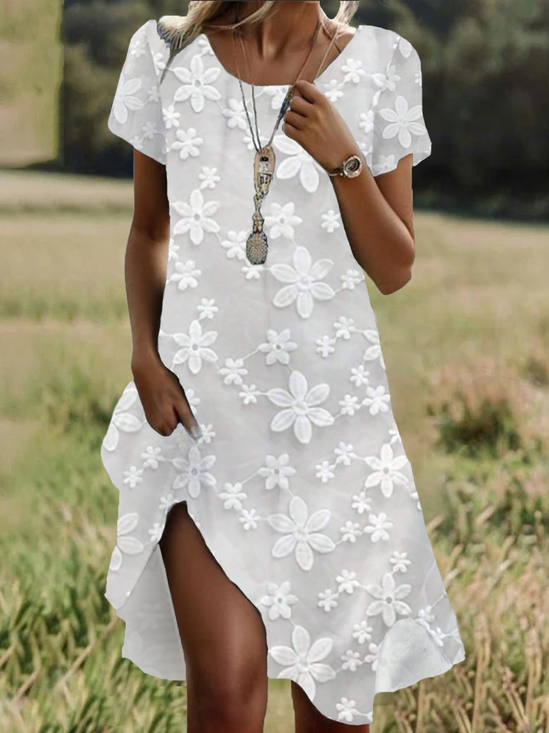 Women Floral Short Sleeve Summer Printing Dress Crew Neck Daily Casual Mini Tunic H-Line Dress