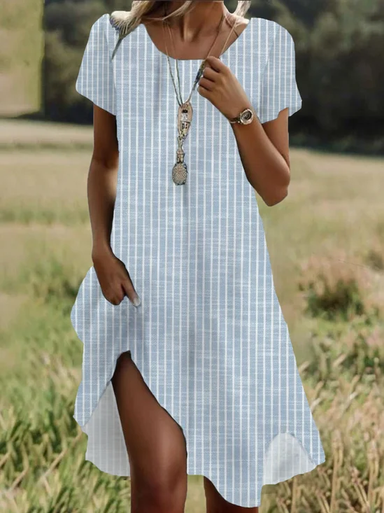 Women Striped Short Sleeve Summer Printing Dress Crew Neck Daily Casual Mini Tunic H-Line Dress