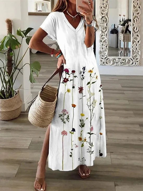 Women Floral Short Sleeve Summer Printing Dress V Neck Daily Casual Maxi X-Line Dress