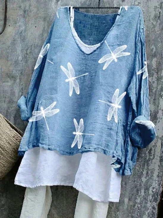 Women Animal Long Sleeve Tee T-shirt V Neck Vintage Spring/Fall Top