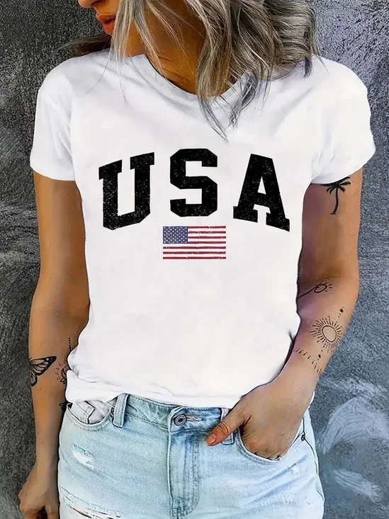 Women Independence Day (Flag) Short Sleeve Tee T-shirt Crew Neck Printing Casual Summer Graphic Tee Top