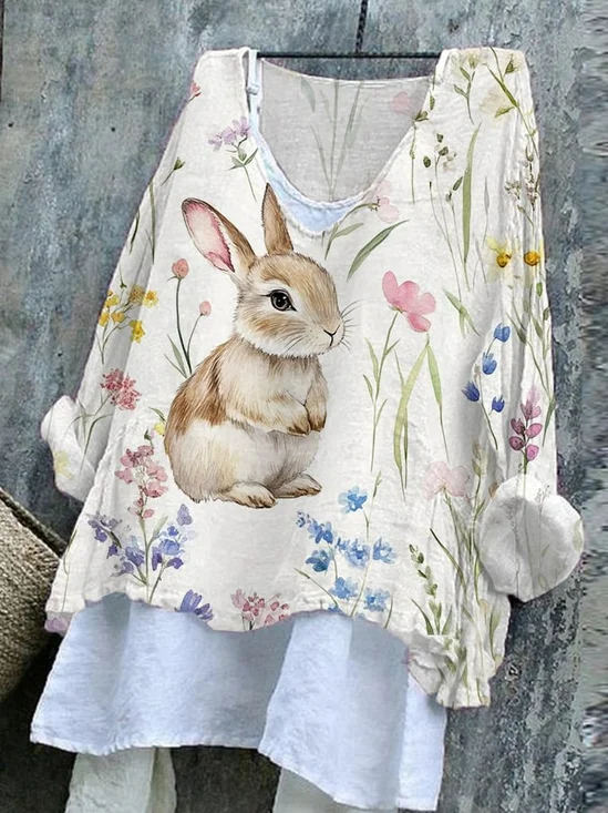 Women Easter (rabbit) Long Sleeve Tee T-shirt V Neck Vintage Spring/Fall Top