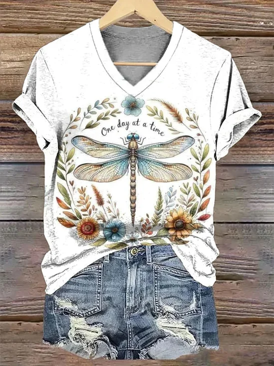 Women Floral Short Sleeve Tee T-shirt V Neck Casual Summer Top