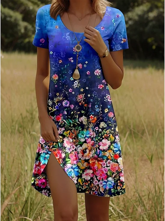 Women Floral Short Sleeve Summer Printing Dress Crew Neck Daily Casual Mini Tunic H-Line Dress