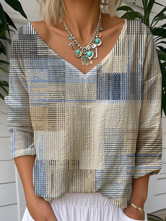 Women Multicolor Block Long Sleeve Tee T-shirt V Neck Casual Spring/Fall Top