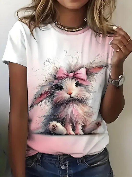 Women Easter (rabbit) Short Sleeve Tee T-shirt Crew Neck Casual Summer Top