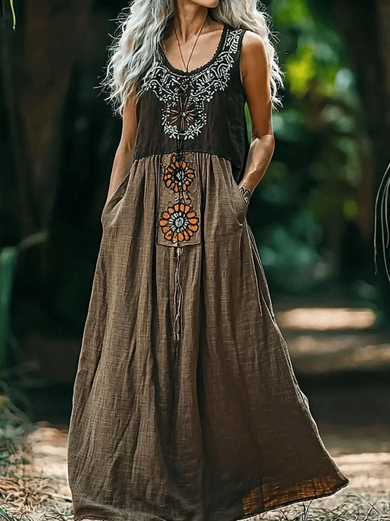 Women Ethnic Geometry Sleeveless Summer Dress V Neck Daily Vintage Maxi A-Line Dress