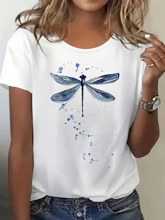 Women Dragonfly Short Sleeve Tee T-shirt Crew Neck Printing Casual Summer Graphic Tee Top