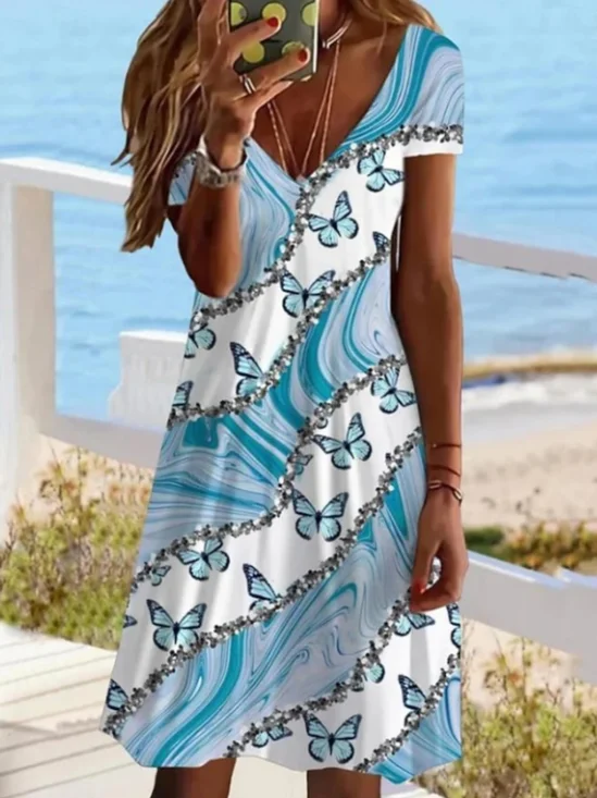 Women Floral Short Sleeve Summer Dress V Neck Daily Casual Midi A-Line Dress