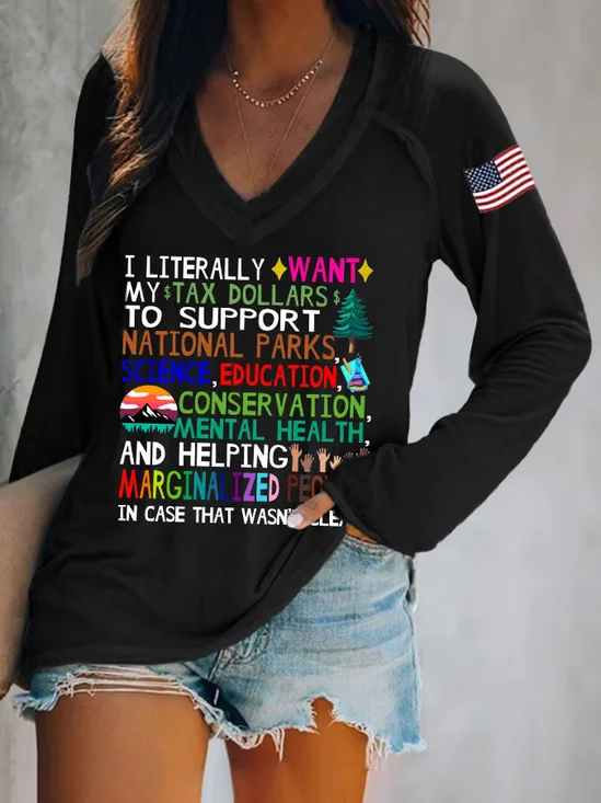 Women Text Letters Long Sleeve Tee T-shirt V Neck Casual Spring/Fall Top