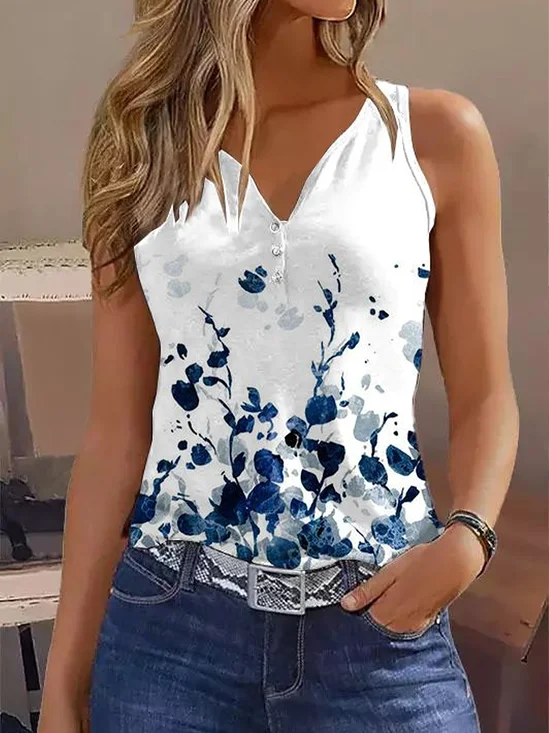 Women Sleeveless Tank Top Camisole Summer Floral Printing V Neck Daily Casual Top
