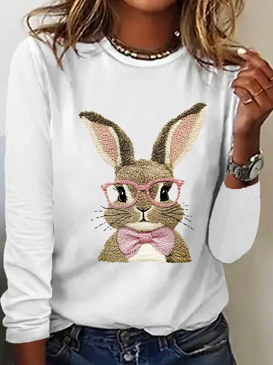 Women Rabbit Long Sleeve Blouse Spring/Fall Crew Neck Daily Casual Top