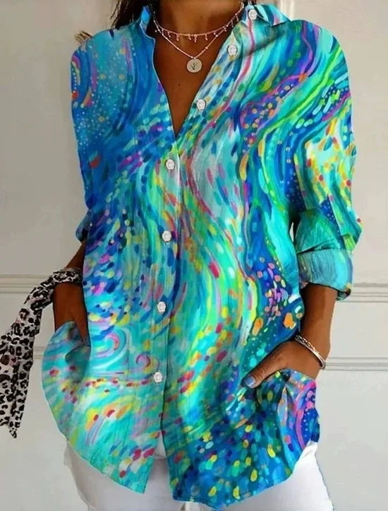 Women Abstract Long Sleeve Shirt Spring/Fall Shirt Collar Daily Casual Top