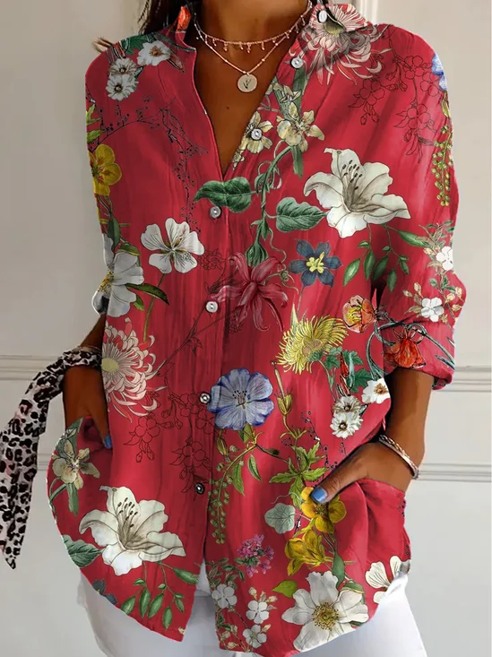 Women Floral Long Sleeve Shirt Spring/Fall Shirt Collar Daily Casual Top