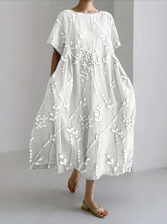 Women Floral Short Sleeve Summer Dress Crew Neck Daily Casual Maxi A-Line Dress