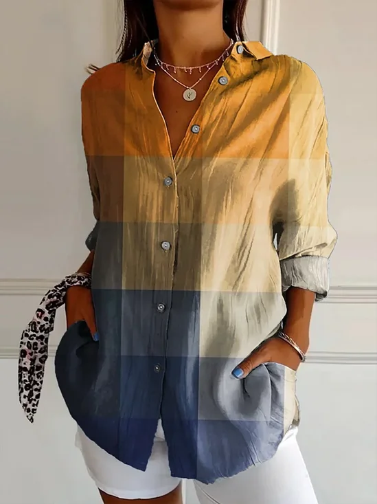 Women Plaid Long Sleeve Shirt Spring/Fall Buckle Shirt Collar Daily Casual Top