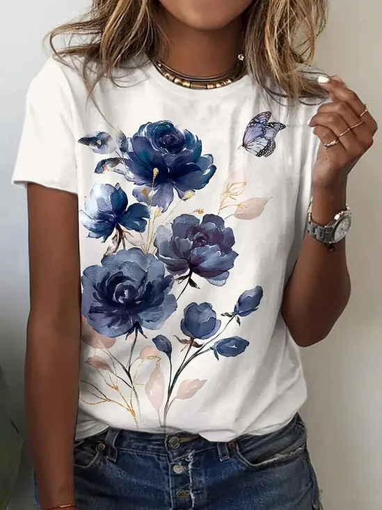 Women Floral Short Sleeve Tee T-shirt Crew Neck Printing Casual Summer Graphic Tee Top