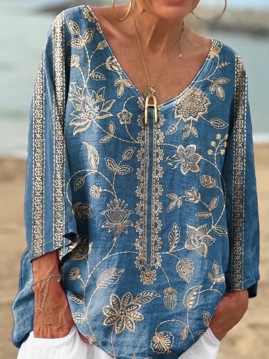Women Floral Long Sleeve Tee T-shirt V Neck Casual Spring/Fall Top