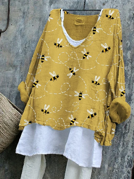 Women Animal Long Sleeve Tee T-shirt V Neck Vintage Spring/Fall Top