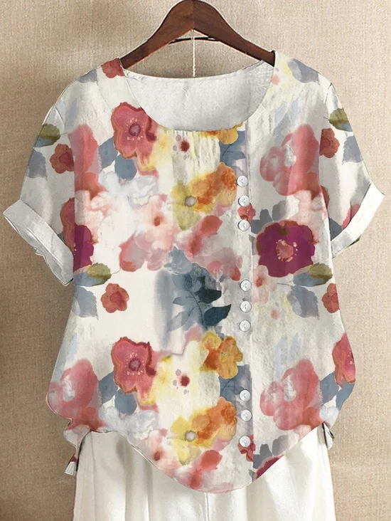 Women Floral Half Sleeve Blouse Summer Crew Neck Daily Casual Top