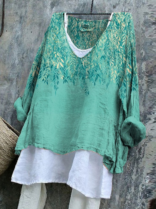 Women Plants Long Sleeve Tee T-shirt V Neck Vintage Spring/Fall Top