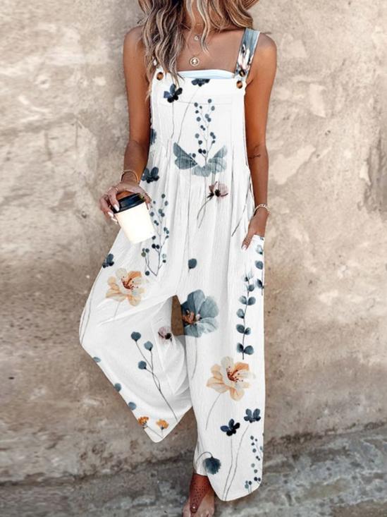Women Floral Square Neck Gallus Casual Summer Cotton And Linen Jumpsuit