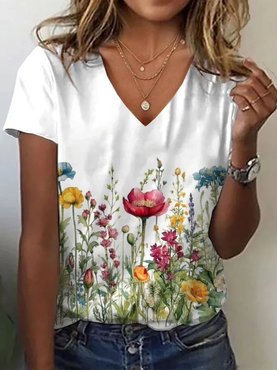 Women Floral Short Sleeve Tee T-shirt V Neck Printing Casual Summer Graphic Tee Top