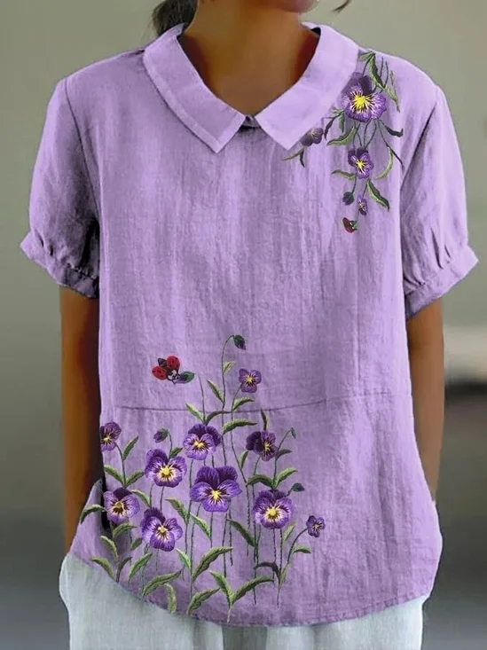 Women Floral Short Sleeve Shirt Summer Printing Shawl Collar Daily Casual Top