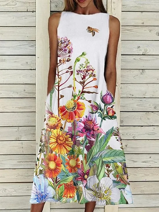 Women Floral Sleeveless Summer Dress Crew Neck Daily Casual Maxi A-Line Dress